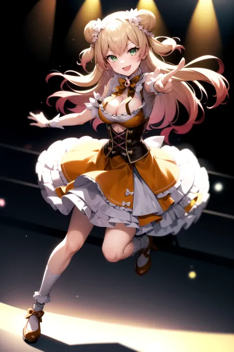 2d, masterpiece, best quality, anime, highly detailed face, highly detailed eyes, highly detailed background, perfect lighting, full body, 1girl, solo, nene_official, double bun, two side up, corset, cleavage cutout, orange skirt, layered skirt, multicolored bow, white socks, dynamic pose, smile, stage, stage lights <lora:nene-09:1>