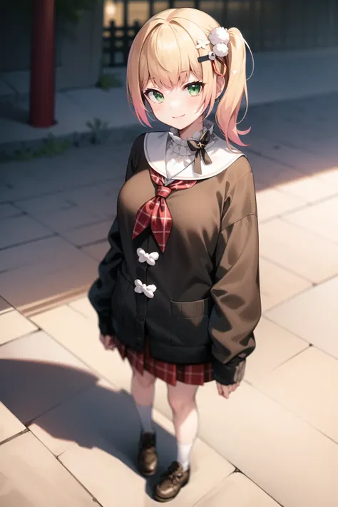 2d, masterpiece, best quality, anime, highly detailed face, highly detailed eyes, highly detailed background, perfect lighting, full body, 1girl, solo, nene_casual, side ponytail, pom pom hair ornament, brown sweater, sailor collar, neckerchief, red skirt, standing, smile, japanese town <lora:nene-09:1>