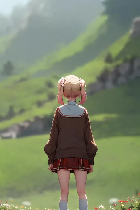best quality,absurd res, 1girl,solo,nene_casual,landscape photo of summer pasture,twintails, brown sweater, red skirt, sailor collar, neckerchief, white sock,(blur the background:1.4),(zoomout:1.5),from back,looking away,
<lora:nene-09:1>