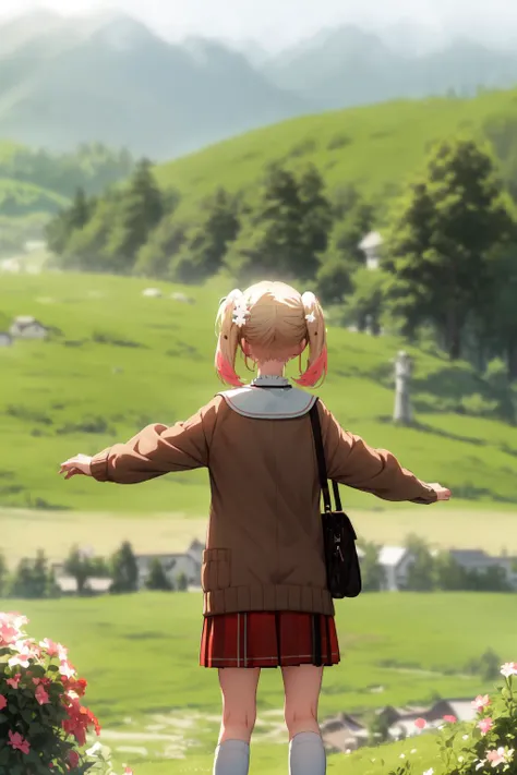 best quality,absurd res, 1girl,solo,nene_casual,landscape photo of summer pasture,twintails, brown sweater, red skirt, sailor collar, neckerchief, white sock,(blur the background:1.4),(zoomout:1.5),from back,looking away,
<lora:nene-09:1>