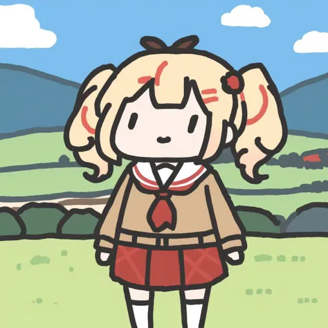 best quality,absurd res, 1girl,solo,nene_casual,landscape photo of summer pasture,twintails, brown sweater, red skirt, sailor collar, neckerchief, white sock, smol, 
<lora:nene-09:0.3> <lora:smol:1>