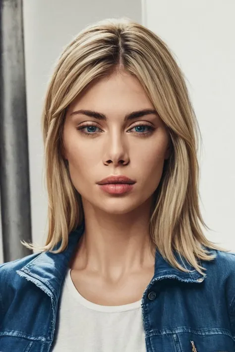 headshot, a woman in denim jacket and white t-shirt, soft colors, masterpiece, high quality, (high detailed skin:1.1)
<lora:jennifer_holland_lora_v01:1> 87j3n