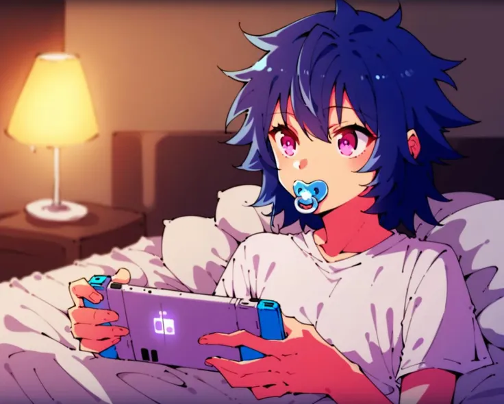 score_9,score_8_up,(source_anime:1.1),1girl,pyjamas,shoulder length hair,messy hair,blue hair,pink eyes,small face,concentrating,cute,laying in bed,snuggled up,cozy,playing portable game console,handheld game console,psp,playstation portable,looking at portable game console,night,bedtime,lamp,single light,screen light,anime style,key visual,vibrant,warm colors,warm tone,<lora:dummies:1>,(pacifier:1.1),