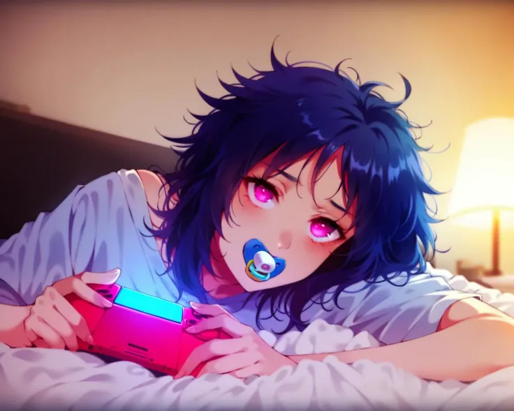 score_9,score_8_up,(source_anime:1.1),1girl,pyjamas,shoulder length hair,messy hair,blue hair,pink eyes,small face,concentrating,cute,laying in bed,snuggled up,cozy,playing portable game console,handheld game console,psp,playstation portable,looking at portable game console,night,bedtime,lamp,single light,screen light,anime style,key visual,vibrant,warm colors,warm tone,<lora:dummies:1>,(pacifier:1.1),