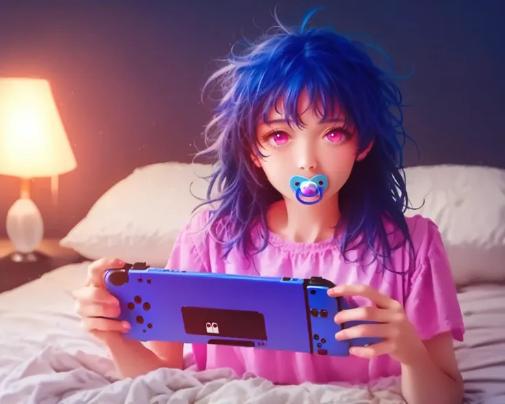 score_9,score_8_up,(source_anime:1.1),1girl,pyjamas,shoulder length hair,messy hair,blue hair,pink eyes,small face,concentrating,cute,laying in bed,snuggled up,cozy,playing portable game console,handheld game console,psp,playstation portable,looking at portable game console,night,bedtime,lamp,single light,screen light,anime style,key visual,vibrant,warm colors,warm tone,<lora:dummies:1>,(pacifier:1.1),