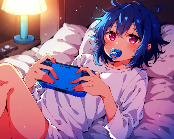 score_9,score_8_up,(source_anime:1.1),1girl,pyjamas,shoulder length hair,messy hair,blue hair,pink eyes,small face,concentrating,cute,laying in bed,snuggled up,cozy,playing portable game console,handheld game console,psp,playstation portable,looking at portable game console,night,bedtime,lamp,single light,screen light,anime style,key visual,vibrant,warm colors,warm tone,<lora:dummies:1>,(pacifier:1.1),