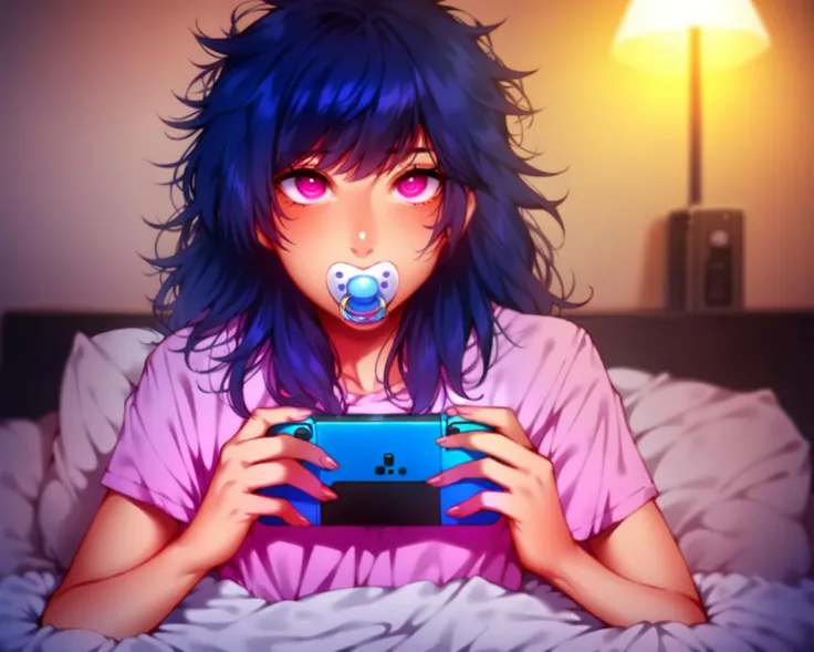 score_9,score_8_up,(source_anime:1.1),1girl,teen,pyjamas,shoulder length hair,messy hair,blue hair,pink eyes,small face,concentrating,cute,laying in bed,snuggled up,cozy,playing portable game console,handheld game console,psp,playstation portable,looking at portable game console,night,bedtime,lamp,single light,screen light,anime style,key visual,vibrant,warm colors,warm tone,<lora:dummies:1>,(pacifier:1.1),