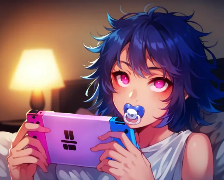 score_9,score_8_up,(source_anime:1.1),1girl,pyjamas,shoulder length hair,messy hair,blue hair,pink eyes,small face,concentrating,cute,laying in bed,snuggled up,cozy,playing portable game console,handheld game console,psp,playstation portable,looking at portable game console,night,bedtime,lamp,single light,screen light,anime style,key visual,vibrant,warm colors,warm tone,<lora:dummies:1>,(pacifier:1.1),