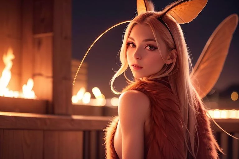 masterpiece photo of a beautiful moth girl watching flames at night, night, outdoors, flames, (neck fur, moth wings, antennae), (photorealistic:1.4), (upper body) <lora:VersaDolls_v1:0.4> <lora:mothGirlsLycoris_v10:0.5>