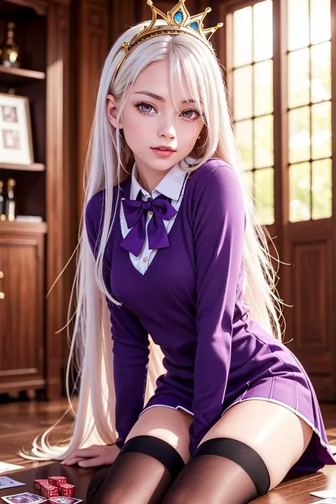 masterpiece RAW photograph of a delicate young girl with white hair playing with chess pieces in a dark room, (extremely detailed eyes, beautiful and delicate face), (photorealistic:1.4), Shiro, shiro \(no game no life\), No Game No Life, (purple clothes:1.4),(school uniform, yellow bowtie, purple skirt, black thighhighs),1girl, red eyes, looking at viewer, small breasts, (crown:1.2), white hair, very long hair, volumetric hair, cards in background, playing cards, floating cards, slight smile, sitting, wariza, leaning forward <lora:shiroLoraNoGameNo_20AnimeStyle:0.4> <lora:VersaDolls_v1:0.4>