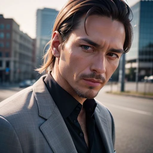RAW photo, a close up portrait photo of brutal 45 y.o man in wastelander clothes, long haircut, pale skin, slim body, background is city ruins, (high detailed skin:1.2), 8k uhd, dslr, cinemac lighting, high quality, film grain, Fujifilm XT3 <lora:VersaDolls_v1:0.4>