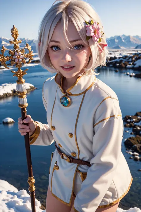 detailed high quality masterpiece aerial photograph of a girl with white hair in a snowy mountain, 1girl, from above, day, outdoors, blush, closed mouth, (winter clothes, eskimo coat, white coat), hair between eyes, pink flower, green leaves, hair flower, hair ornament, kokkoro, long sleeves, short hair, (magic staff, blue crystal), smile, solo, split mouth, small breasts, snow, mountains, blue sky <lora:kokkoro_v1:1> <lora:VersaDolls_v1:0.3>