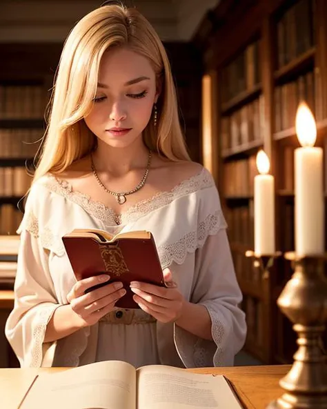 A captivating and enchanting photograph of a blonde student at a magical academy, immersed in her studies amidst the enchanting atmosphere of an ancient library filled with spellbooks and magical artifacts. The young student is dressed in the academy's traditional robes, adorned with the emblem of her house, as she intently reads a dusty tome that levitates before her, held aloft by a spell she has expertly cast. The photograph is beautifully composed using a Nikon D850 DSLR camera and a Nikkor 35mm f/1.8 lens, known for its sharpness and ability to render rich, vibrant colors. The camera settings are carefully chosen to capture the magical essence of the scene: an aperture of f/2, ISO 800, and a shutter speed of 1/60 sec, allowing the subtle, flickering glow of enchanted candles to illuminate the library's mysterious depths. The composition thoughtfully employs a shallow depth of field, placing the focus on the blonde student while the library's ancient, towering bookshelves fade softly into the background, adding a sense of wonder and intrigue to the scene. The photograph is further enhanced by the delicate play of light and shadow cast by the candles, casting a warm, ethereal glow that highlights the student's determination and passion for her magical studies. --ar 3:2 --q 2 --v 5