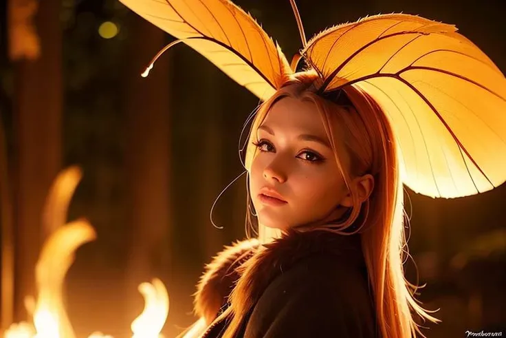 masterpiece photo of a beautiful moth girl watching flames at night, night, outdoors, flames, (neck fur, moth wings, antennae), (photorealistic:1.4) <lora:VersaDolls_v1:0.4> <lora:mothGirlsLycoris_v10:0.5>