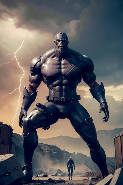 (3D rendering), (masterpiece), (best quality), (detailed), iconic colossus from NieR:Automata, inspired by NieR series video game, bleak and desolate appearance, rusty and worn armor plating, dynamic pose in a post-apocalyptic landscape, ominous sky with lightning and storm, high-resolution 8k image, capturing the desolation and danger of the post-apocalyptic world