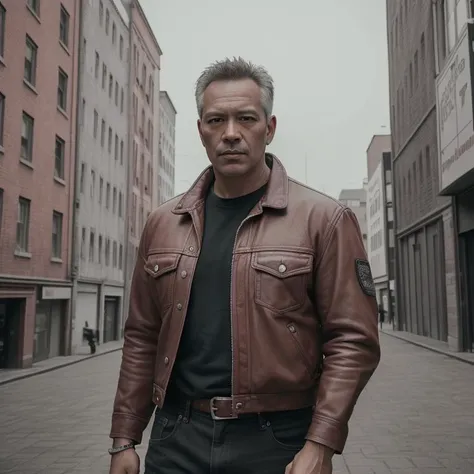 masterpiece portrait photo of a brutal 45 year old man, wastelander outfit, slim body, city ruins, (high detailed skin:1.2), 8k uhd, dslr, cinemac lighting, high quality, film grain, Fujifilm XT3