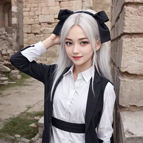 masterpiece, high quality, 1girl, mephi,flat chest,white hair, blue eyes, black ribbons and headband, (white shirt), facing the viewer, looking at viewer, light smile, ancient ruins