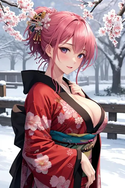 ultra detailed 8k cg, kimono, perfect face, beautiful face, mature female, , outdoors, sakura, snowing, looking at viewer
