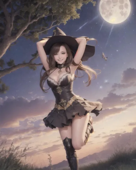 masterpiece, best quality, 1girl, solo, night sky, outdoors, moon, stars, clouds, wind, medium hair, boots, witch, smile, red eyes, arms up, cleavage, tree, night,