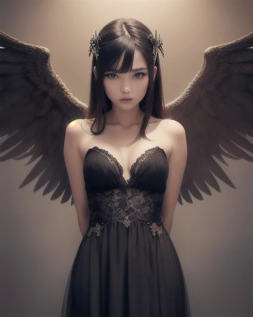(masterpiece,best quality,8k,intricate details,detailed eyes,photography,dslr,taken by [Canon EOS R3|Fujifilm|Nikon|Sony Alpha],55mm lens,[RAW|DNG] photo,softbox,Flickr),1girl, black hair, angel of death, brown eyes, dark angel wings, black dress, full body, facing the viewer, arms behind back, sky, halo, post-apocalypse