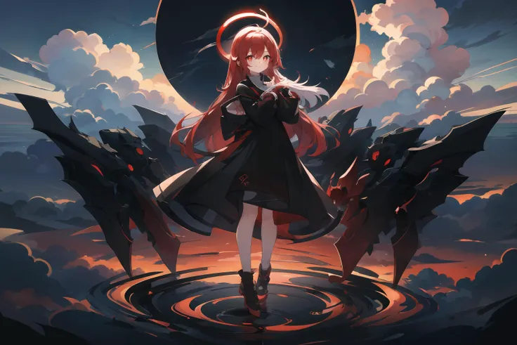 1girl, black dress, bright pupils, cloud, cloudy sky, dress, full body, grey sky, halo, horizon, long hair, long sleeves, looking at viewer, outdoors, own hands together, red eyes, red hair, red halo, ringed eyes, shadow, signature, sky, smile, solo, standing, white pupils, <lyco:azur_lane-30:0.8>