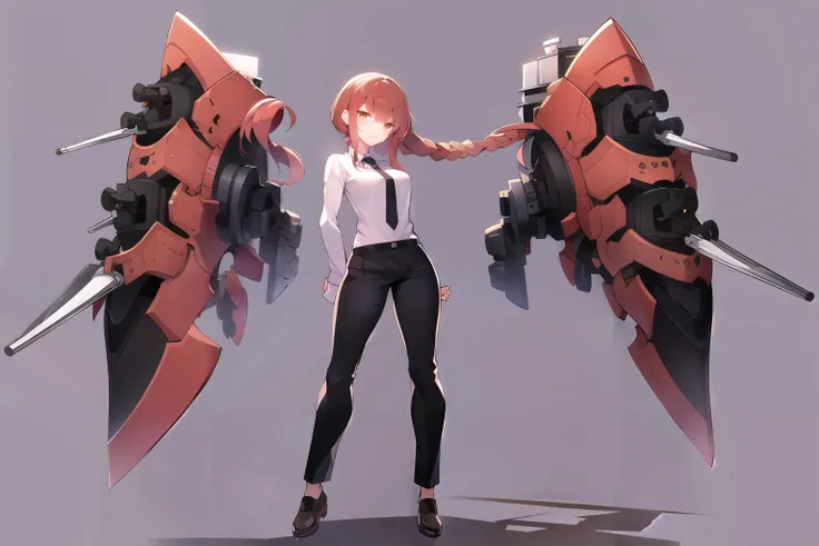 <lora:makima_offset:1>, 1girl, arms behind back, black necktie, black pants, braid, braided ponytail, brown footwear, closed mouth, dress shirt, formal, full body, head tilt, long hair, long sleeves, looking at viewer, necktie, office lady, orange eyes, pants, purple background, red hair, ringed eyes, shadow, shirt, shoes, sidelocks, simple background, single braid, smile, solo, standing, white shirt, <lyco:azur_lane-30:0.8>
