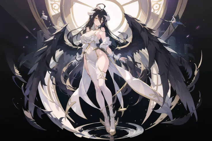 <lora:albedo-15:1>, 1girl, ahoge, bare hips, bare shoulders, black hair, black wings, breasts, bright pupils, cleavage, demon girl, demon horns, detached sleeves, dress, elbow gloves, feathered wings, feathers, full body, gloves, gradient background, grey background, hair between eyes, horns, large breasts, long dress, long hair, looking at viewer, low wings, short sleeves, slit pupils, solo, very long hair, white dress, white gloves, white horns, white sleeves, wings, yellow eyes, yellow pupils, arms behind back, <lyco:azur_lane-30:0.8>
