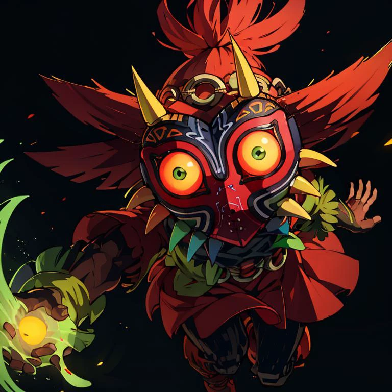 ((masterpiece,best quality)), absurdres,
<lora:Majora_Zelda:0.7>, Majora_Zelda, looking at viewer, simple background, no humans, black background, glowing eyes, spikes, no body, floating mask,