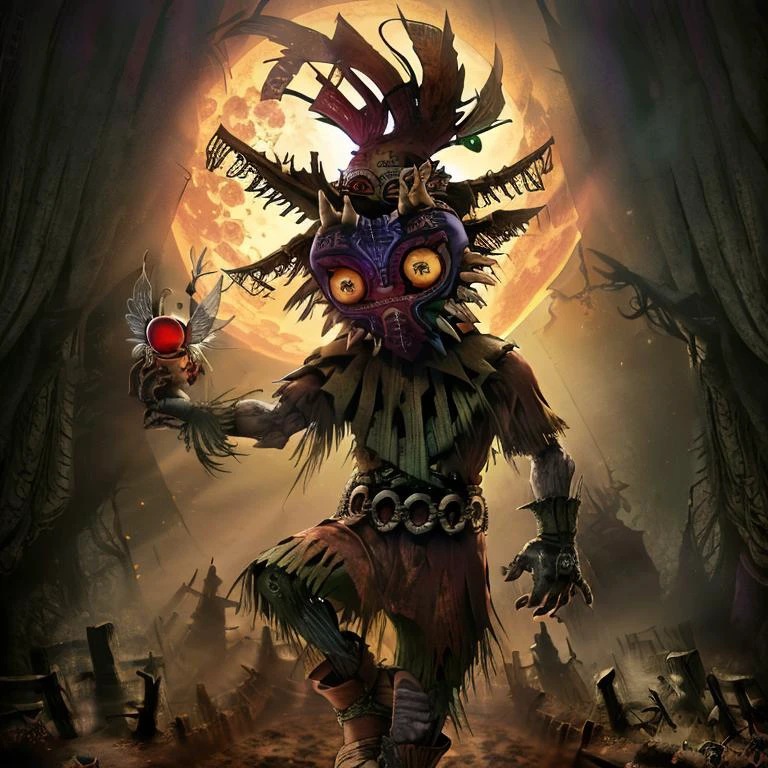 photo of skull kid wearing majoras mask and (dancing:1.2), Majora_Zelda, solo, 1boy, mask, horns, (glowing:1.1), curious (head tilt:1.2), magic, the moon is close, (hyperdetailed analog photograph:1.2), male focus, full body, gloves, no humans, boots, green eyes, belt, spikes, feathers, forest, grass, the legend of zelda majora's mask, hat, tatl, tael, navi, (two fairies:1.15), Skull kid, distorted perspective, fashion photography, photo of Majora_Zelda, mask, full body, cinematic, (the moon is close and large:1.2), 32k photo of the angry moon with a creepy face, two fairies, Bloodborne Style, concept art <lora:Majora_Zelda:0.8> <lora:[P]-SkullKid:0.4> <lora:eldenRingStyle_v3:0.8> elden ring style <lora:Bloodborne-000075:0.8> Bloodborne