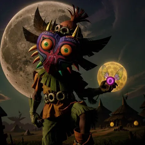 photo of skull kid wearing majoras mask and (dancing:1.2), Majora_Zelda, solo, 1boy, mask, horns, (glowing:1.1), curious (head tilt:1.2), magic, the moon is close, (hyperdetailed analog photograph:1.3), epiCPhoto <lora:Majora_Zelda:0.8> male focus, full body, gloves, no humans, boots, green eyes, belt, spikes, feathers, forest, grass, the legend of zelda majora's mask, hat, tatl, tael, (two fairies:1.1), Skull kid BREAK photo of tatl the (yellow gold fairy:1.2) from the legend of zelda majora's mask BREAK photo of tael the (deep purple fairy:1.1) from the legend of zelda majora's mask <lora:[P]-SkullKid:0.4> BREAK fashion photography, photo of Majora_Zelda, mask, full body, cinematic BREAK the moon is close and large, 32k photo of the angry moon with a creepy face