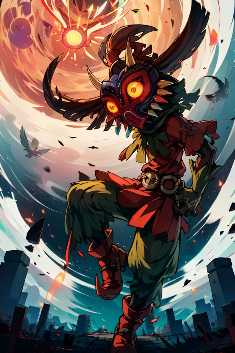 ((masterpiece,best quality)), absurdres,
<lora:Majora_Zelda:0.8>, Majora_Zelda, solo, 1boy, mask, horns, glowing eyes,
looking at viewer, full body, sky, belt, no humans, night, moon, feathers, red footwear, glowing eyes, full moon