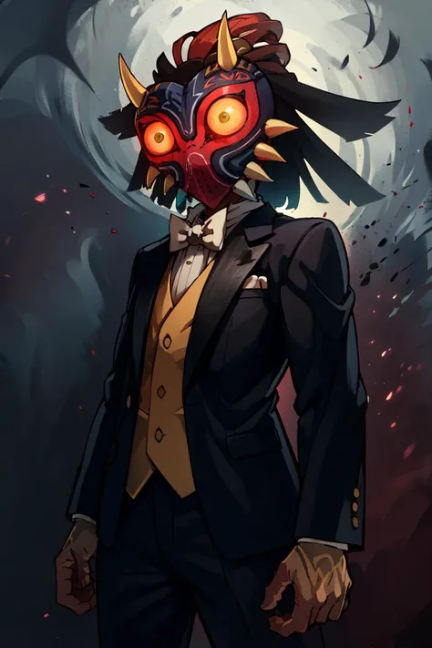 ((masterpiece,best quality)), absurdres, (suit, tuxedo, formal clothes,:1.3)
<lora:Majora_Zelda:0.8>, Majora_Zelda, solo, 1boy, mask, horns, glowing eyes,
dark, horror (theme),
solo, looking at viewer, cowboy shot,