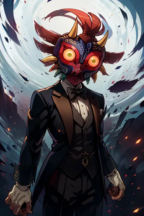 ((masterpiece,best quality)), absurdres, (suit, tuxedo, formal clothes,:1.3)
<lora:Majora_Zelda:0.8>, Majora_Zelda, solo, 1boy, mask, horns, glowing eyes,
dark, horror (theme),
solo, looking at viewer, cowboy shot,
