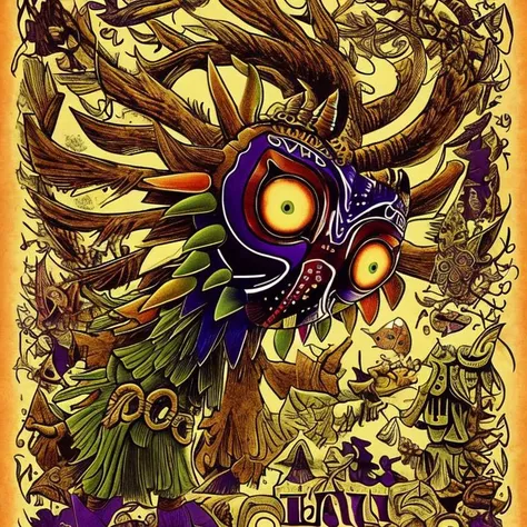 photo of skull kid wearing majoras mask and (dancing:1.2), Majora_Zelda, solo, 1boy, mask, horns, (glowing:1.1), curious (head tilt:1.2), magic, the moon is close, (hyperdetailed analog photograph:1.3), epiCPhoto <lora:Majora_Zelda:0.8> male focus, full body, gloves, no humans, boots, green eyes, belt, spikes, feathers, forest, grass, the legend of zelda majora's mask, hat, tatl, tael, navi, (two fairies:1.15), Skull kid, distorted perspective BREAK photo of tatl the glowing (white and yellow-gold fairy:1.2) from the legend of zelda BREAK photo of tael the glowing (deep purple fairy:1.1) from the legend of zelda BREAK fashion photography, photo of Majora_Zelda, mask, full body, cinematic BREAK (the moon is close and large:1.3), 32k photo of the angry moon with a creepy face, two fairies <lora:[P]-SkullKid:0.4>