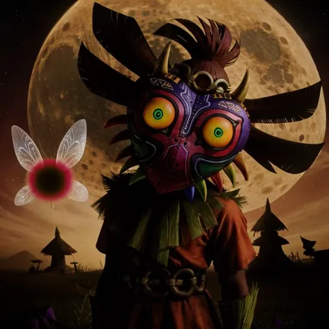 photo of skull kid wearing majoras mask and (dancing:1.2), Majora_Zelda, solo, 1boy, mask, horns, (glowing:1.1), curious (head tilt:1.2), magic, the moon is close, (hyperdetailed analog photograph:1.3), epiCPhoto <lora:Majora_Zelda:0.8> male focus, full body, gloves, no humans, boots, green eyes, belt, spikes, feathers, forest, grass, the legend of zelda majora's mask, hat, tatl, tael, (two fairies:1.15), Skull kid BREAK photo of tatl the (yellow gold fairy:1.2) from the legend of zelda majora's mask BREAK photo of tael the (deep purple fairy:1.1) from the legend of zelda majora's mask <lora:[P]-SkullKid:0.4> BREAK fashion photography, photo of Majora_Zelda, mask, full body, cinematic BREAK the moon is close and large, 32k photo of the angry moon with a creepy face