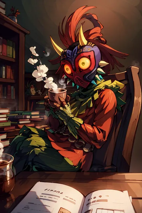 ((masterpiece,best quality)), absurdres,
<lora:Majora_Zelda:0.8>, Majora_Zelda, solo, 1boy, mask, horns, glowing eyes,
dark, horror (theme),
turtleneck sweater, earrings, library, cup of steaming coffee, sitting at table,