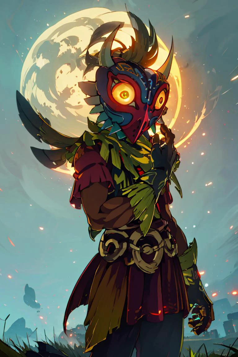 ((masterpiece,best quality)), absurdres,
<lora:Majora_Zelda:0.8>, Majora_Zelda, solo, 1boy, mask, horns, glowing eyes,
solo, looking at viewer, cowboy shot, <lora:botw_style_offset:1>
