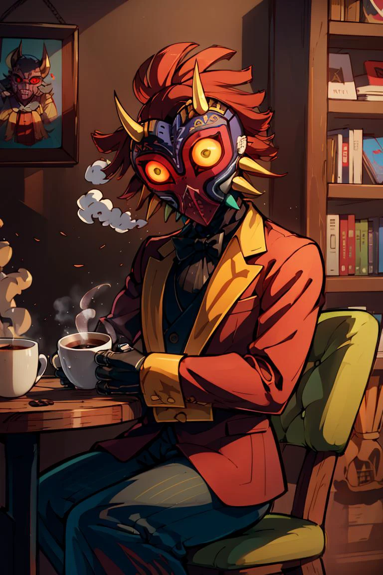((masterpiece,best quality)), absurdres, (suit, tuxedo, formal clothes,:1.3)
<lora:Majora_Zelda:0.8>, Majora_Zelda, solo, 1boy, mask, horns, glowing eyes,
dark, horror (theme),
turtleneck sweater, earrings, library, cup of steaming coffee, sitting at table,