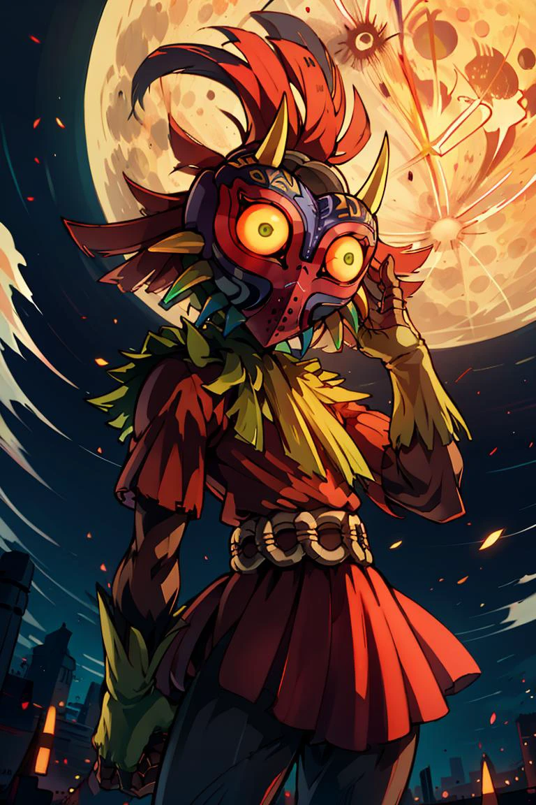 ((masterpiece,best quality)), absurdres, (GIVE ME THE MOON!),
<lora:Majora_Zelda:0.8>, Majora_Zelda, solo, 1boy, mask, horns, glowing eyes,
dark, horror (theme)
solo, looking at viewer, cowboy shot,