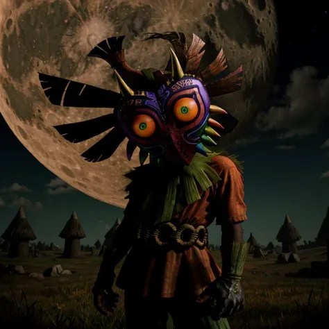 photo of skull kid wearing majoras mask and (dancing:1.2), Majora_Zelda, solo, 1boy, mask, horns, (glowing:1.1), curious (head tilt:1.2), magic, (the moon is close:1.1), 16k photo of the angry moon with a creepy face, (hyperdetailed analog photograph:1.3), epiCPhoto <lora:Majora_Zelda:0.8> male focus, full body, gloves, no humans, boots, green eyes, belt, spikes, feathers, forest, grass, the legend of zelda majora's mask, hat, tatl, tael, faeries, Skull kid BREAK photo of (tatl the yellow gold fairy:1.2) from the legend of zelda majora's mask BREAK photo of tael the purple fairy from the legend of zelda majora's mask <lora:[P]-SkullKid:0.4> BREAK fashion photography, photo of Majora_Zelda, mask, full body, cinematic