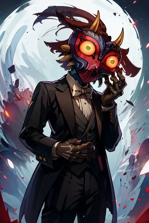 ((masterpiece,best quality)), absurdres, (suit, tuxedo, formal clothes,:1.3)
<lora:Majora_Zelda:0.8>, Majora_Zelda, solo, 1boy, mask, horns, glowing eyes,
dark, horror (theme),
solo, looking at viewer, cowboy shot,
