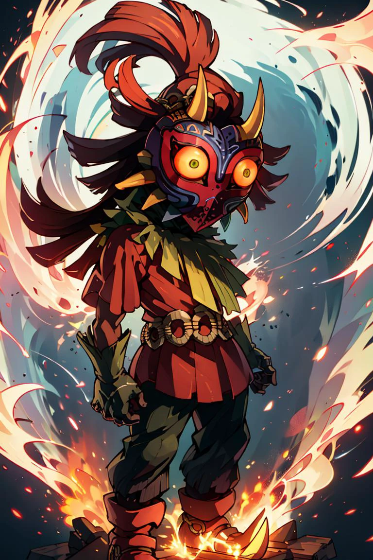((masterpiece,best quality)), absurdres,
<lora:Majora_Zelda:0.8>, Majora_Zelda, solo, 1boy, mask, horns, glowing eyes,
standing, full body, fire, swirling flames,