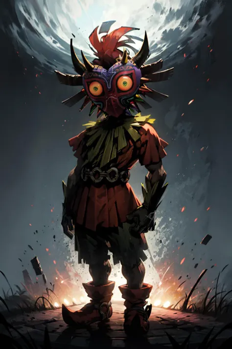 best quality, Mature male, Full body shot, <lora:Majora_Zelda:.9> Majora_Zelda, solo, 1boy, mask, horns, glowing,