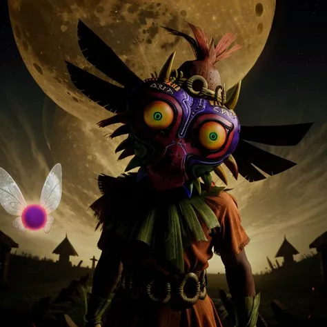 photo of skull kid wearing majoras mask and (dancing:1.2), Majora_Zelda, solo, 1boy, mask, horns, (glowing:1.1), curious (head tilt:1.2), magic, the moon is close, (hyperdetailed analog photograph:1.3), epiCPhoto <lora:Majora_Zelda:0.8> male focus, full body, gloves, no humans, boots, green eyes, belt, spikes, feathers, forest, grass, the legend of zelda majora's mask, hat, tatl, tael, (two fairies:1.1), Skull kid BREAK photo of tatl the (yellow gold fairy:1.2) from the legend of zelda majora's mask BREAK photo of tael the (deep purple fairy:1.1) from the legend of zelda majora's mask <lora:[P]-SkullKid:0.4> BREAK fashion photography, photo of Majora_Zelda, mask, full body, cinematic BREAK the moon is close and large, 32k photo of the angry moon with a creepy face