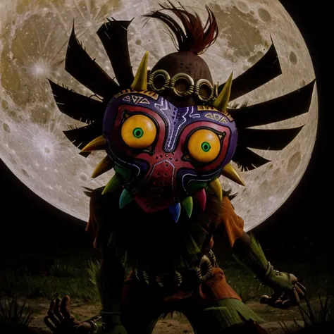 photo of skull kid wearing majoras mask and (dancing:1.2), Majora_Zelda, solo, 1boy, mask, horns, (glowing:1.1), curious (head tilt:1.2), magic, the moon is close, (hyperdetailed analog photograph:1.3), epiCPhoto <lora:Majora_Zelda:0.8> male focus, full body, gloves, no humans, boots, green eyes, belt, spikes, feathers, forest, grass, the legend of zelda majora's mask, hat, tatl, tael, (two fairies:1.1), Skull kid BREAK photo of (tatl the yellow gold fairy:1.2) from the legend of zelda majora's mask BREAK photo of (tael the deep purple fairy:1.1) from the legend of zelda majora's mask <lora:[P]-SkullKid:0.4> BREAK fashion photography, photo of Majora_Zelda, mask, full body, cinematic BREAK the moon is close and large, 32k photo of the angry moon with a creepy face