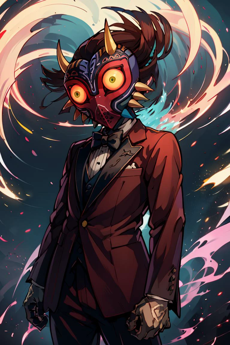 ((masterpiece,best quality)), absurdres, (suit, tuxedo, formal clothes,:1.3)
<lora:Majora_Zelda:0.8>, Majora_Zelda, solo, 1boy, mask, horns, glowing eyes,
dark, horror (theme),
solo, looking at viewer, cowboy shot,