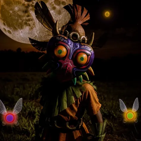 photo of skull kid wearing majoras mask and (dancing:1.2), Majora_Zelda, solo, 1boy, mask, horns, (glowing:1.1), curious (head tilt:1.2), magic, the moon is close, (hyperdetailed analog photograph:1.3), epiCPhoto <lora:Majora_Zelda:0.8> male focus, full body, gloves, no humans, boots, green eyes, belt, spikes, feathers, forest, grass, the legend of zelda majora's mask, hat, tatl, tael, (two fairies:1.15), Skull kid BREAK photo of tatl the (yellow gold fairy:1.2) from the legend of zelda majora's mask BREAK photo of tael the (deep purple fairy:1.1) from the legend of zelda majora's mask <lora:[P]-SkullKid:0.4> BREAK fashion photography, photo of Majora_Zelda, mask, full body, cinematic BREAK the moon is close and large, 32k photo of the angry moon with a creepy face