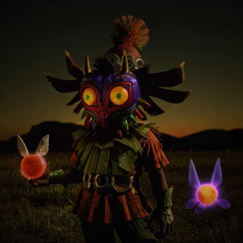 photo of skull kid wearing majoras mask and (dancing:1.2), Majora_Zelda, solo, 1boy, mask, horns, (glowing:1.1), curious (head tilt:1.2), magic, the moon is close, 16k photo of the angry moon with a creepy face, (hyperdetailed analog photograph:1.3), epiCPhoto <lora:Majora_Zelda:0.8> male focus, full body, gloves, no humans, boots, green eyes, belt, spikes, feathers, forest, grass, the legend of zelda majora's mask, hat, , tatl, tael, faeries