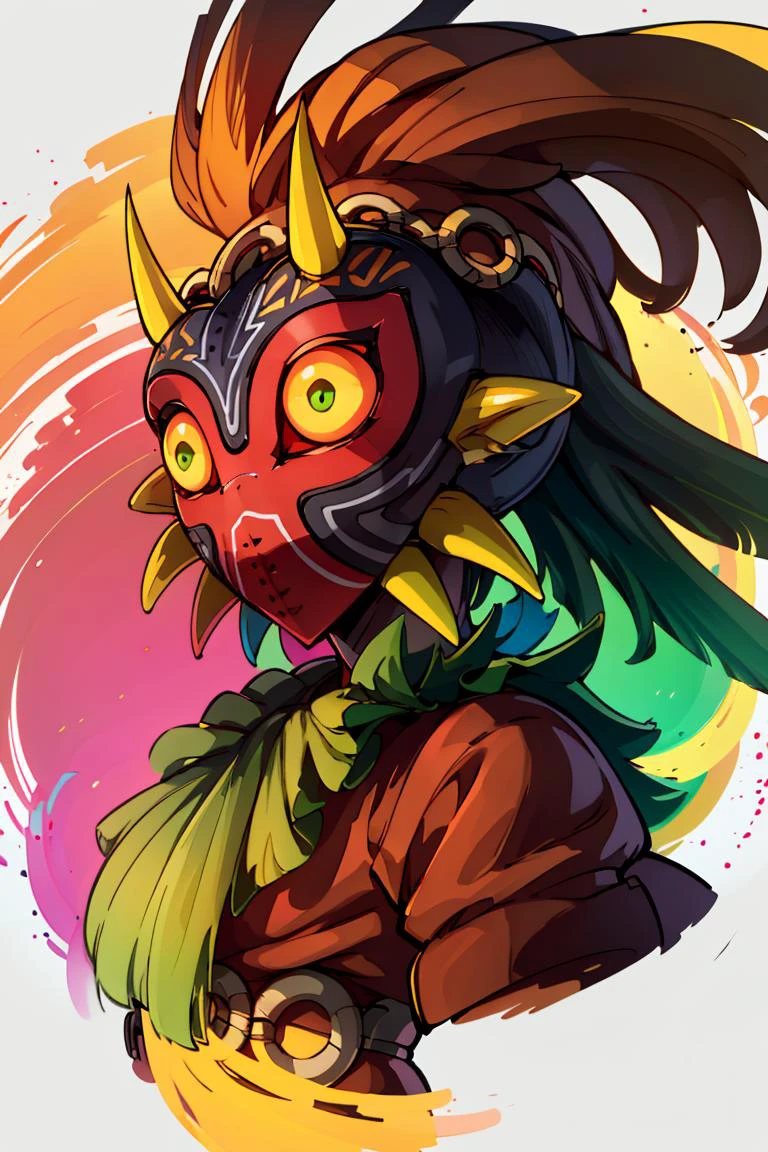 ((masterpiece,best quality)), absurdres,
<lora:Majora_Zelda:0.8>, Majora_Zelda, looking at viewer, simple background, no humans, black background, spikes, multicolored eyes, yellow sclera, upper body, portrait,
(extremely long horns),