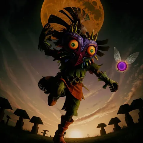 photo of skull kid wearing majoras mask and (dancing:1.2), Majora_Zelda, solo, 1boy, mask, horns, (glowing:1.1), curious (head tilt:1.2), magic, the moon is close, (hyperdetailed analog photograph:1.3), epiCPhoto <lora:Majora_Zelda:0.8> male focus, full body, gloves, no humans, boots, green eyes, belt, spikes, feathers, forest, grass, the legend of zelda majora's mask, hat, tatl, tael, (two fairies:1.15), Skull kid BREAK photo of tatl the (yellow gold fairy:1.2) from the legend of zelda majora's mask BREAK photo of tael the (deep purple fairy:1.1) from the legend of zelda majora's mask <lora:[P]-SkullKid:0.4> BREAK fashion photography, photo of Majora_Zelda, mask, full body, cinematic BREAK the moon is close and large, 32k photo of the angry moon with a creepy face